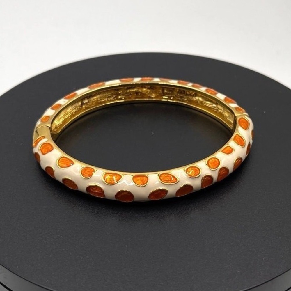 Kenneth Jay Lane KJL Oval Cloisonné Enamel Orange Giraffe Cream Bangle Bracelet